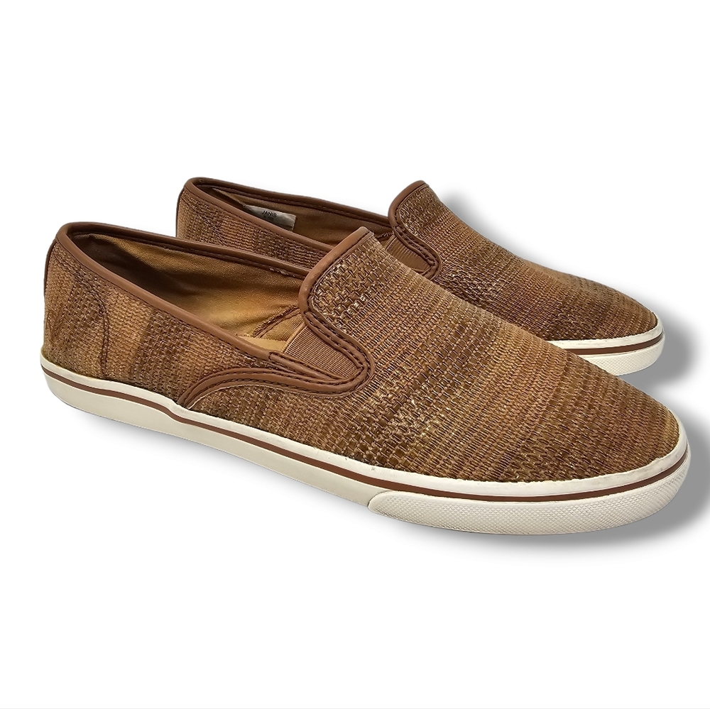 Lauren Ralph Lauren Janis Slip On Sneakers Shoes Womens Size 8.5 White Tan Woven